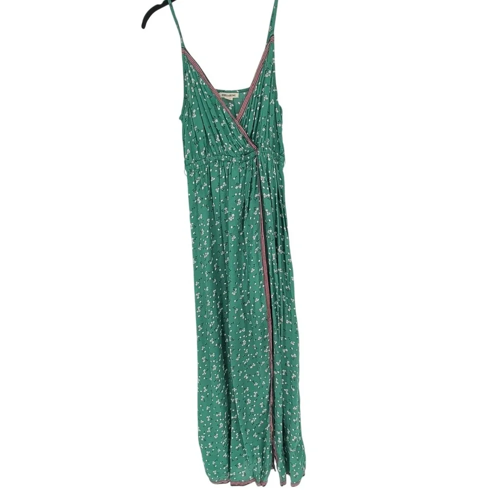 Billabong Green Floral Faux Wrap Maxi Dress M Boho Sleeveless Empire Waist - Picture 2 of 13